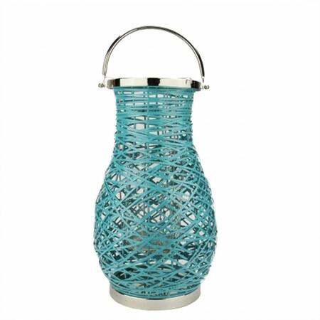 NORTHLIGHT SEASONAL Modern Turquosie Blue Decorative Woven Iron Pillar Candle Lantern with Glass Hurricane 31580113